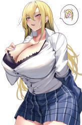 Rule 34 | &gt; &lt;, 1girl, absurdres, blonde hair, blue skirt, blush, breasts, cleavage, collared shirt, commentary request, ear piercing, gyaru, hand on own chest, highres, kogal, large breasts, long hair, long sleeves, nail polish, namazu (yamasonson), original, parted lips, piercing, purple eyes, purple nails, school uniform, shirt, shirt tucked in, simple background, skirt, solo, white background, white shirt