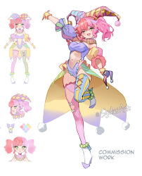 Rule 34 | 1girl, arm up, asymmetrical legwear, commission, facing viewer, green eyes, hat, jester cap, multicolored hair, navel, pink hair, red hair, standing, standing on one leg, sydus, thighhighs