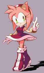 Rule 34 | 1girl, amy rose, animal ears, arm at side, blush, body fur, boots, breasts, closed mouth, dress, female focus, furry, furry female, gloves, green eyes, grey background, hairband, hand up, happy, high heels, highres, index finger raised, knee boots, light blush, looking to the side, nano (nanolovesyou), pink fur, pink hair, red dress, red footwear, red hairband, short dress, short hair, sidelocks, sideways mouth, simple background, sleeveless, sleeveless dress, small breasts, smile, solo, sonic (series), tail, thighs, white gloves