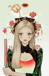 Rule 34 | 1girl, black bow, blonde hair, bow, commentary, dripping, extra mouth, facial mark, flower, flower on head, food, food-themed clothes, frills, fruit, green eyes, hair bow, hair flower, hair ornament, hand up, highres, holding, lips, long hair, looking at viewer, multicolored eyes, original, pamafff, parted lips, red eyes, red flower, red rose, rose, solo, sticker, straight-on, symbol-only commentary, teardrop, upper body, watermelon