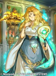 Rule 34 | 1girl, blonde hair, bracelet, candle, closed mouth, company name, copyright name, dress, edain (fire emblem), fire emblem, fire emblem: genealogy of the holy war, fire emblem cipher, holding, holding staff, jewelry, long hair, long sleeves, nintendo, official art, solo, staff, tenshu (mighto), wide sleeves, yellow eyes