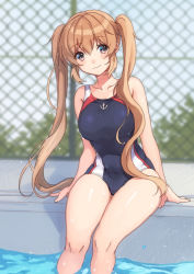 Rule 34 | 1girl, anchor symbol, black one-piece swimsuit, blurry, breasts, brown eyes, chain-link fence, collarbone, commentary request, competition swimsuit, cowboy shot, depth of field, fence, kantai collection, light brown hair, long hair, medium breasts, mitsuyo (mituyo324), murasame (kancolle), one-piece swimsuit, poolside, sitting, smile, soaking feet, solo, swimsuit, twintails, water