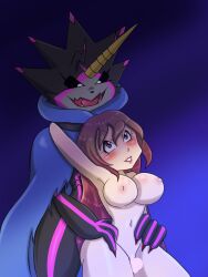 Rule 34 | 1boy, 1girl, belt, breasts, cape, digimon, dinosaur boy, gulusgammamon, large breasts, looking at another
