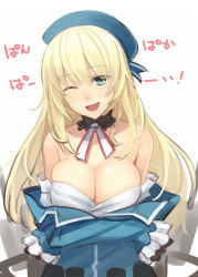 Rule 34 | 10s, 1girl, ;d, atago (kancolle), bare shoulders, blonde hair, blush, breasts, cleavage, detached collar, green eyes, hat, head tilt, kantai collection, large breasts, long hair, looking at viewer, military, military uniform, off shoulder, one eye closed, open mouth, pan-pa-ka-paaan!, personification, prime, simple background, sketch, smile, solo, translated, uniform, white background