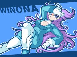 Rule 34 | arm up, artist name, blue background, blue jacket, breasts, character name, cleavage, creatures (company), dated, game freak, gloves, hugo57, jacket, knee up, long hair, looking at viewer, lying, medium breasts, nintendo, on back, pokemon, pokemon oras, purple eyes, purple hair, very long hair, white gloves, winona (pokemon)