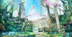 Rule 34 | bird, building, day, fire emblem, flower, highres, leaf, nintendo, no humans, official art, ruins, scenery, sky, stairs, toi8, tokyo mirage sessions fe, water