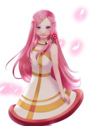 Rule 34 | 1girl, anemone (eureka seven), anemone (flower), collarbone, dress, eureka seven, eureka seven (series), flower, hair ornament, hairclip, long hair, looking at viewer, mouth hold, nagase kei, parted bangs, pink hair, purple eyes, red flower, short dress, simple background, sleeveless, sleeveless dress, solo, standing, very long hair, white background, white dress