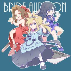 Rule 34 | 1boy, 2girls, aerith gainsborough, anklet, back bow, backless dress, backless outfit, bare shoulders, black footwear, black hair, blonde hair, blue background, blue dress, blue eyes, blue footwear, bow, bracelet, breasts, brown eyes, brown hair, buster sword, choker, cleavage, clenched hand, cloud strife, collar, crescent, crescent earrings, crossdressing, dress, earrings, fighting stance, final fantasy, final fantasy vii, final fantasy vii remake, flamenco dress, flower, frilled collar, frilled dress, frills, full body, green eyes, grey dress, hair between eyes, hair flower, hair ornament, hair ribbon, hand in own hair, highres, holding, holding staff, holding sword, holding weapon, jewelry, lesuna, lingerie, long dress, long hair, multiple girls, negligee, official alternate costume, parted bangs, pink flower, ponytail, red dress, red flower, red ribbon, ribbon, ribbon choker, short dress, side slit, sidelocks, simple background, spiked hair, square enix, staff, star (symbol), star earrings, strappy heels, sword, tiara, tifa lockhart, tifa lockhart (refined dress), underwear, wall market, weapon, white footwear