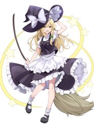 Rule 34 | 1girl, apron, black skirt, black vest, blonde hair, blush, bow, broom, commentary request, green bow, hair bow, hat, hat bow, highres, holding, holding broom, hyurasan, kirisame marisa, long hair, looking at viewer, open mouth, puffy short sleeves, puffy sleeves, short sleeves, skirt, smile, solo, star (symbol), touhou, vest, waist apron, white apron, white bow, witch hat, yellow eyes