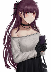 Rule 34 | 1girl, bag, bare shoulders, black choker, black gloves, black skirt, blush, cellphone, choker, closed mouth, commentary, english commentary, girls&#039; frontline, gloves, hair ornament, handbag, highres, holding, holding phone, long hair, long sleeves, looking at viewer, off shoulder, phone, purple hair, red eyes, selcky, simple background, skirt, smartphone, solo, wa2000 (girls&#039; frontline), white background