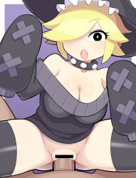 Rule 34 | 1boy, 1girl, bar censor, black choker, black dress, black eyes, black headwear, black thighhighs, blonde hair, blush, breasts, bright pupils, censored, choker, cleavage, commentary, cookie (touhou), cowboy shot, dress, fake yuuhi (cookie), frilled hat, frills, hair between eyes, hair over one eye, hat, hetero, hospital king, large breasts, long bangs, looking at viewer, no panties, off-shoulder dress, off shoulder, open mouth, penis, pov, pov crotch, purple background, pussy, sex, shiny skin, short dress, sleeves past fingers, sleeves past wrists, solo focus, studded choker, sweater, sweater dress, textless version, thighhighs, two-tone background, vaginal, white background, white pupils, witch hat