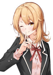Rule 34 | 1girl, ;), asymmetrical bangs, black jacket, blazer, blush, cardigan, closed mouth, commentary request, finger to mouth, index finger raised, isshiki iroha, jacket, kinyoubi no nangong da, long sleeves, looking at viewer, neck ribbon, one eye closed, open clothes, open jacket, orange hair, pink cardigan, red ribbon, ribbon, school uniform, shushing, simple background, smile, solo, upper body, white background, wing collar, yahari ore no seishun lovecome wa machigatteiru., yellow eyes