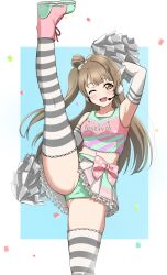 Rule 34 | 1girl, absurdres, armpits, bow, cheerleader, commentary request, commission, crop top, elbow gloves, gloves, green panties, headset, highres, light brown hair, long hair, looking at viewer, love live!, love live! school idol project, midriff, minami kotori, navel, one eye closed, open mouth, panties, pixiv commission, polka dot, polka dot bow, skirt, smile, split, standing, standing on one leg, standing split, striped clothes, striped thighhighs, takaramonozu, thighhighs, underwear, yellow eyes, zanpon