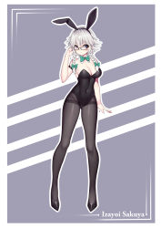 Rule 34 | 1girl, absurdres, animal ears, arm strap, bare arms, bare shoulders, bespectacled, black-framed eyewear, black footwear, black hairband, black leotard, black pantyhose, blue eyes, blush, border, bow, bowtie, braid, breasts, character name, cleavage, commentary, covered navel, detached collar, fake animal ears, full body, glasses, gluteal fold, green bow, green bowtie, grey background, hair between eyes, hair bow, hairband, hand in own hair, hand up, highres, izayoi sakuya, large breasts, leotard, looking at viewer, outline, pantyhose, playboy bunny, rabbit ears, shoes, short hair, silver hair, simple background, solo, standing, strapless, strapless leotard, thighband pantyhose, thighs, touhou, twin braids, white border, white outline, wu yao jun