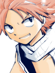 Rule 34 | 1boy, close-up, fairy tail, grin, looking back, male focus, natsu dragneel, pink hair, scarf, simple background, smile, solo, spiked hair, tbing1, vest