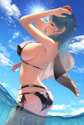 Rule 34 | 1girl, absurdres, arms up, ass, bare arms, bikini, black bikini, blue sky, breasts, butt crack, byleth (female) (fire emblem), byleth (female) (summer) (fire emblem), byleth (fire emblem), cloud, cloudy sky, covered erect nipples, cowboy shot, day, fire emblem, fire emblem: three houses, fire emblem heroes, flower, from side, green hair, hair flower, hair ornament, hands on own head, highres, large breasts, lens flare, medium hair, nintendo, official alternate costume, outdoors, parted lips, partially submerged, partially underwater shot, parupome, purple eyes, red flower, side-tie bikini bottom, sideboob, skindentation, sky, solo, sparkle, strap gap, sun, sunlight, swimsuit, thighs, twitter username, underwater, wading, water, water drop, wristband