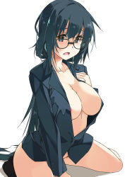 Rule 34 | 1girl, black eyes, black hair, black shirt, bottomless, breasts, glasses, highres, kneeling, long hair, medium breasts, open clothes, open mouth, open shirt, original, ponytail, shikei, shirt, solo, white background