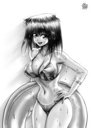 Rule 34 | 1990s (style), 1girl, bikini, bracelet, breasts, cleavage, commentary, curvy, derivative work, english commentary, greyscale, hand on own hip, highres, innertube, jewelry, large breasts, mazaki anzu, monochrome, narrow waist, navel, retro artstyle, shiny skin, short hair, smile, solo, sparkle, swim ring, swimsuit, teeth, the golden smurf, thick thighs, thighhighs, thighs, upper teeth only, wet, wet hair, wide hips, yu-gi-oh!, yu-gi-oh! duel monsters
