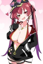 Rule 34 | 1girl, :d, bikini, black hat, breasts, cleavage, collarbone, commentary, eyewear on headwear, fang, gradient hair, hand in pocket, hat, heart, heart-shaped eyewear, heart necklace, heterochromia, highres, hololive, houshou marine, houshou marine (summer), hutaba haru, jacket, jewelry, large breasts, long hair, long sleeves, looking at viewer, multicolored hair, navel, necklace, open mouth, purple hair, red bikini, red eyes, red hair, shorts, skin fang, sleeves past wrists, smile, solo, sunglasses, swimsuit, symbol-only commentary, thighs, twintails, virtual youtuber, white jacket, white shorts, yellow eyes