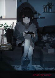 Rule 34 | 1girl, 38 (sanjuuhachi), absurdres, anger vein, black eyes, black hair, blue hoodie, bob cut, cat, chips (food), closed mouth, commentary request, controller, couch, crossed legs, drawstring, food, food in mouth, food on face, full body, game controller, highres, holding, holding controller, holding game controller, hood, hood down, hoodie, indoors, long sleeves, looking at viewer, night, on couch, original, plant, playing games, potted plant, shadow, shoes, short hair, sitting, sneakers, solo, sweat, tissue box, twitter username, white footwear, white hoodie