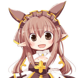 Rule 34 | 1girl, :d, arch bishop (ragnarok online), blush, breasts, brown eyes, brown headwear, cleavage cutout, clothing cutout, commentary request, cross, dress, futami yayoi, hair between eyes, headdress, juliet sleeves, long bangs, long hair, long sleeves, open mouth, pointy ears, puffy sleeves, ragnarok online, simple background, small breasts, smile, solo, two-tone dress, upper body, white background, white dress