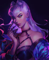 Rule 34 | 0a00n00, 1girl, absurdres, bare shoulders, between breasts, blue eyeshadow, breasts, claw (weapon), claws, cone hair bun, cropped jacket, dark background, demon, demon girl, earrings, evelynn (league of legends), eyeshadow, fangs, finger to mouth, floating hair, hair bun, highres, jacket, jewelry, large breasts, league of legends, long hair, looking at viewer, makeup, o-ring, off-shoulder jacket, off shoulder, open clothes, open jacket, parted lips, pink lips, portrait, purple background, revealing clothes, shiny clothes, shiny skin, slit pupils, solo, strap between breasts, teeth, the baddest evelynn, upper body, upper teeth only, weapon, white hair, yellow eyes