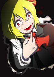 Rule 34 | 1girl, blonde hair, blood, blood in mouth, blood on face, blurry, creepy, depth of field, female focus, hair ribbon, highres, looking at viewer, open mouth, red eyes, ribbon, rumia, short hair, skirt, smile, solo, touhou, yocchi (tenyunkel)