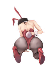 Rule 34 | 1girl, absurdres, all fours, animal ears, ass, back, bbdaoa (1446759744), black hair, black pantyhose, blurry, blurry background, fake animal ears, fake tail, from behind, frontal wedgie, hairband, high heels, highres, leotard, long hair, original, pantyhose, playboy bunny, rabbit ears, rabbit tail, red footwear, red hairband, red leotard, simple background, skindentation, tail, thighs, unzipping, wedgie, white background, wrist cuffs