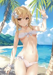 Rule 34 | 1girl, :o, bad hands, bad id, bad pixiv id, bare arms, bare shoulders, beach, bikini, blonde hair, blush, bow, breasts, breasts apart, collarbone, cowboy shot, dappled sunlight, day, flower, genshin impact, gluteal fold, hair flower, hair ornament, horizon, looking at viewer, lumine (genshin impact), navel, ocean, open mouth, outdoors, palm tree, rococo, scrunchie, short hair, sidelocks, skindentation, small breasts, solo, stomach, strapless, strapless bikini, sunlight, swimsuit, thigh gap, tree, underboob, water, white bikini, white bow, white flower, wrist scrunchie, yellow eyes
