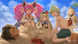 Rule 34 | 2boys, 3girls, :d, ^ ^, animal, artist name, bare arms, bare shoulders, black hair, black neckerchief, blonde hair, blue hair, blue headwear, blue sailor collar, blue sky, breasts, brown hair, bucket, buried, character request, cleo (dragalia lost), closed eyes, cloud, cloudy sky, commentary, crab, dark-skinned male, dark skin, day, dragalia lost, dress, english commentary, flower, gradient hair, green eyes, hair between eyes, hair flower, hair ornament, hat, hentaki, long hair, multicolored hair, multiple boys, multiple girls, neckerchief, nervous smile, open mouth, outdoors, palm tree, pink eyes, pink flower, pink hair, purple eyes, purple flower, red flower, sailor collar, sailor dress, sailor hat, sky, sleeveless, sleeveless dress, small breasts, smile, summer, sweat, tree, twintails, very long hair, watermark, web address, white dress, white flower, yellow flower