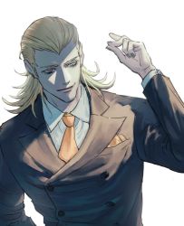 Rule 34 | blonde hair, blue eyes, formal, hair slicked back, heterochromia, louis cypher, lucifer (megami tensei), male focus, necktie, o c x, red eyes, shin megami tensei, simple background, smile, snapping fingers, solo, suit, white background