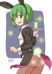 Rule 34 | 1girl, alternate costume, animal ears, antennae, artist name, ass, black pantyhose, bow, bowtie, breasts, cleavage, coattails, dated, fake animal ears, fireflies, fishnet pantyhose, fishnets, formal, glowing, green eyes, green hair, leotard, matching hair/eyes, open mouth, pantyhose, playboy bunny, rabbit ears, rabbit tail, shimouki izui, short hair, small breasts, smile, solo, suit, tail, touhou, traditional bowtie, tray, white leotard, wriggle nightbug, wrist cuffs