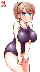 Rule 34 | 1girl, alternate costume, artist logo, black one-piece swimsuit, blue eyes, breasts, brown hair, collarbone, commentary request, competition swimsuit, dated, hands on own thighs, highres, intrepid (kancolle), kanon (kurogane knights), kantai collection, large breasts, looking at viewer, one-piece swimsuit, ponytail, school swimsuit, short hair, simple background, smile, solo, squatting, swimsuit, whistle, whistle around neck, white background