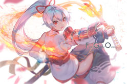 Rule 34 | 1girl, armor, blurry, breasts, copyright name, depth of field, fate/grand order, fate (series), fire, hair between eyes, japanese armor, japanese clothes, katana, long hair, looking at viewer, ponytail, red eyes, side slit, silver hair, solo, sword, tomoe gozen (fate), weapon, yoshimoto (dear life)