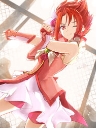 Rule 34 | 1girl, arm warmers, brooch, butterfly brooch, chain-link fence, clear glass (mildmild1311), cowboy shot, cross-body stretch, cure rouge, day, fence, heart, heart brooch, highres, indoors, jewelry, magical girl, natsuki rin, precure, red eyes, red hair, short hair, shorts, shorts under skirt, skirt, smile, solo, stretching, vest, yes! precure 5, yes! precure 5 gogo!