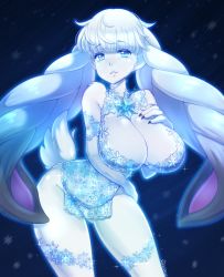 Rule 34 | 1girl, animal ears, animal hands, blue eyes, blue hair, blue theme, breasts, cleavage, dahlia (xenoblade), full body, highres, ice, large breasts, long hair, looking at viewer, nintendo, rabbit, rabbit ears, rabbit girl, simple background, smile, solo, tsuki (xenoblade 2), white hair, xenoblade chronicles (series), xenoblade chronicles 2
