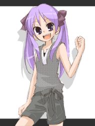 Rule 34 | 00s, 1girl, blouse, blue eyes, checkered clothes, checkered shirt, clenched hand, contemporary, contrapposto, hiiragi kagami, kamoi hayato, letterboxed, long sleeves, looking at viewer, lucky star, pink hair, polka dot, shirt, shorts, simple background, sleeveless, sleeveless shirt, solo, standing, twintails, unmoving pattern, v-neck, white background