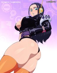Rule 34 | 1girl, ass, black jacket, blue eyes, breasts, cleavage, jacket, kameseru, large breasts, long hair, looking at viewer, looking down, nico robin, nico robin (egghead), one piece, orange thighhighs, revealing clothes, shiny skin, solo, thick thighs, thighhighs, thighs, thong, wide hips