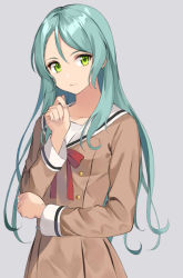 Rule 34 | 1girl, aqua hair, asato (fadeless), bang dream!, brown dress, buttons, clenched hand, double-breasted, dress, green eyes, grey background, hanasakigawa school uniform, hand on own elbow, hikawa sayo, long hair, long sleeves, looking at viewer, neck ribbon, red ribbon, ribbon, sailor dress, school uniform, simple background, solo