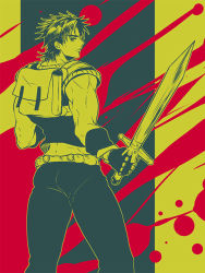 Rule 34 | 1boy, backpack, bad id, bad pixiv id, bag, from behind, holding, holding sword, holding weapon, jojo no kimyou na bouken, jonathan joestar, limited palette, male focus, solo, sword, tank top, ty 1865, weapon
