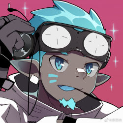 Rule 34 | 1boy, aqua hair, arknights, bandaid, bandaid on face, bandaid on nose, black gloves, blue eyes, blue hair, commentary request, dark-skinned male, dark skin, ethan (arknights), facial hair, gloves, goggles, goggles on head, headphones, hood, jacket, looking at viewer, male focus, mochi (kryzkrynfflyayl), mouth hold, pointy ears, red background, short hair, smile, solo