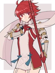 Rule 34 | 1girl, ahoge, armor, blush, closed mouth, do m kaeru, dress, female focus, fire emblem, fire emblem fates, gloves, hinoka (fire emblem), holding, holding polearm, holding spear, holding weapon, japanese armor, looking at viewer, matching hair/eyes, nintendo, polearm, red eyes, red gloves, red hair, scarf, serious, short dress, short hair, shoulder armor, solo, spear, thighs, weapon, white scarf