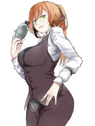 Rule 34 | 1girl, absurdres, alternate costume, apron, blue ribbon, breasts, brown apron, brown hair, chair, closed mouth, cocktail glass, coffee, coffee mug, collared shirt, commentary request, cup, dress shirt, drinking glass, from above, girls&#039; frontline, green eyes, hair between eyes, hair ribbon, hair rings, high ponytail, highres, kyoyakyo, large breasts, long hair, looking at viewer, mug, ponytail, ribbon, shirt, sidelocks, smile, solo, springfield (girls&#039; frontline), table, white background, white shirt