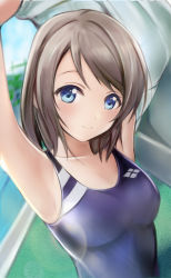 Rule 34 | 1girl, blue eyes, blush, breasts, collarbone, grey hair, looking at viewer, love live!, love live! sunshine!!, medium breasts, nannacy7, one-piece swimsuit, poolside, short hair, smile, solo, swimsuit, watanabe you