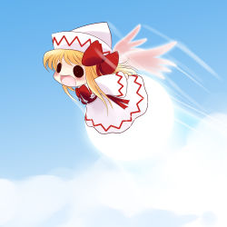 Rule 34 | 1girl, blonde hair, blue sky, blush, bow, chibi, cloud, day, dress, female focus, hat, hat ribbon, highres, lily white, open mouth, ribbon, rocket, sky, smile, solid circle eyes, solo, touhou, white dress, wings, yume shokunin
