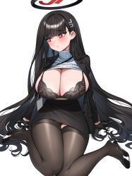 Rule 34 | 1girl, absurdres, black hair, black pantyhose, black skirt, blue archive, blunt bangs, blush, bra, breasts, clothes lift, clothes pull, commission, hair ornament, hairclip, halo, high heels, highres, jacket, lace, lace-trimmed bra, lace trim, large breasts, long hair, long sleeves, looking to the side, nanni jjang, pantyhose, pleated skirt, red eyes, ribbed sweater, rio (blue archive), simple background, skirt, solo, sweater, sweater lift, sweater pull, turtleneck, turtleneck sweater, underwear, very long hair, white background, white sweater