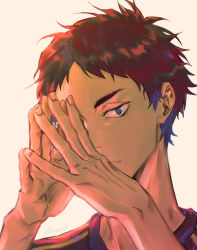 Rule 34 | 1boy, akaashi keiji, black hair, blue eyes, covered face, fingers together, haikyuu!!, highres, looking at viewer, male focus, shiraumi8351, short hair, simple background, solo