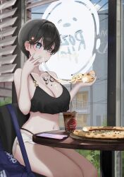 Rule 34 | 1girl, absurdres, bag, bikini, black bikini, black hair, window blinds, blue eyes, breasts, bubble tea, cellphone, cheese trail, chest tattoo, cup, disposable cup, drinking straw, eating, food, gwan-e, highres, holding, holding food, holding pizza, large breasts, light particles, original, phone, pizza, pizza slice, short hair, sitting, smartphone, solo, sparkle, sparkling eyes, strap gap, swimsuit, tattoo, thighs, window
