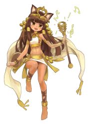 Rule 34 | 1girl, animal ears, ankle lace-up, armlet, barefoot, bastet (p&amp;d), bracer, brown eyes, brown hair, cat ears, cross-laced footwear, crown, dark-skinned female, dark skin, egyptian, fang, full body, instrument, jewelry, long hair, lots of jewelry, md5 mismatch, midriff, open mouth, puzzle &amp; dragons, simple background, smile, solo, tiara, yoshimo (yoshimo1516)