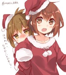 Rule 34 | 10s, 2girls, :o, blush, brown eyes, brown hair, fang, hair ornament, hairclip, hat, hiding, ikazuchi (kancolle), inazuma (kancolle), jpeg artifacts, kantai collection, looking at viewer, maruki (punchiki), md5 mismatch, multiple girls, open mouth, resized, resolution mismatch, santa costume, santa hat, short hair, simple background, source larger, translated, twitter username, upper body, wavy mouth, white background